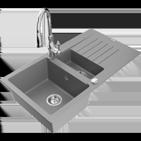 Mexen Matias granitový 1,5-komorový drez s odkvapkávačom a kuchynskou batériou Savita, Šedá - 6502-71-672601-00